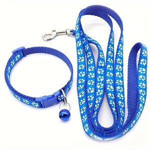 Adjustable Reflective Small Pet Collar & Leash Set w Bell, Cobalt Blue